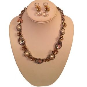 Silver and Gold with Flower and Pearl Beads Necklace and Earrings Set